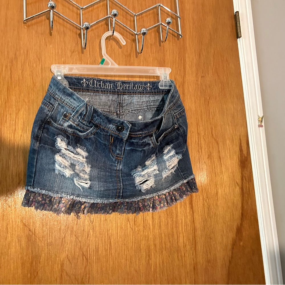Urban Heritage mini denim skirt with fabric trim